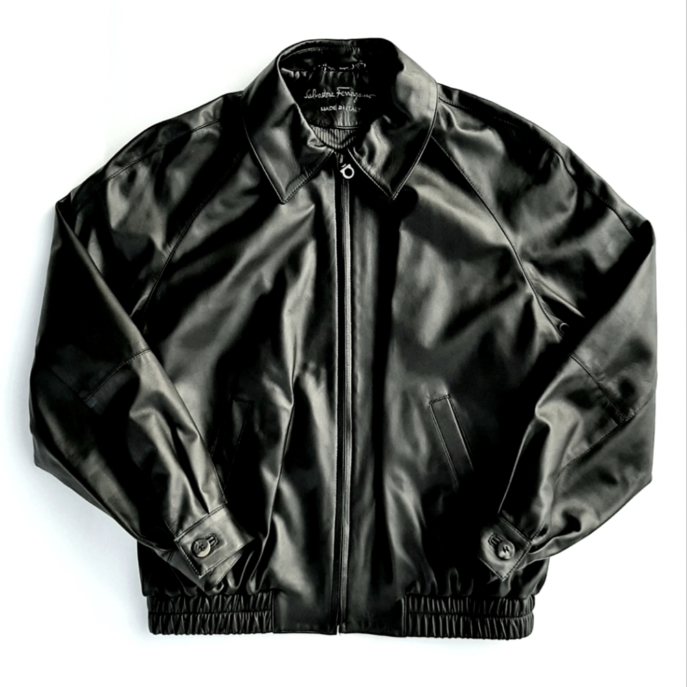 Salvatore Ferragamo Men's Calf Skin Leather Lined Bomber Jacket Black Medium